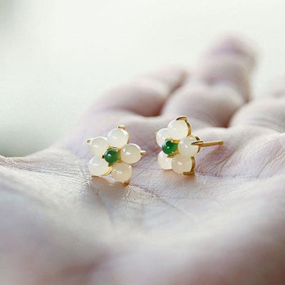 Buddha Stones White Jade Flower Luck Blessing Stud Earrings Earrings BS 5