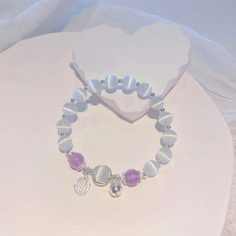 Buddha Stones Cat's Eye Amethyst Fu Character Bell Charm Support Bracelet Bracelet BS 2