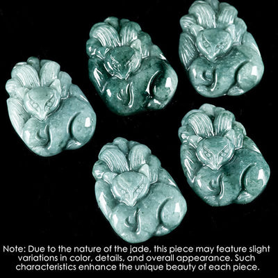 Buddha Stones Natural Green Jade Nine-Tailed Fox Engraved Prosperity Necklace Pendant Necklaces & Pendants BS 4