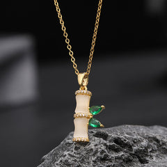 Buddha Stones 18K Gold Plated Chalcedony Bamboo Rhinestones Harmony Necklace Pendant Necklaces & Pendants BS Chalcedony(Positive♥Harmony)