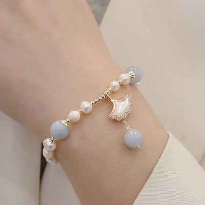Buddha Stones Natural Aquamarine Pearl Healing Ginkgo Leaf Butterfly Charm Bracelet Bracelet BS 3