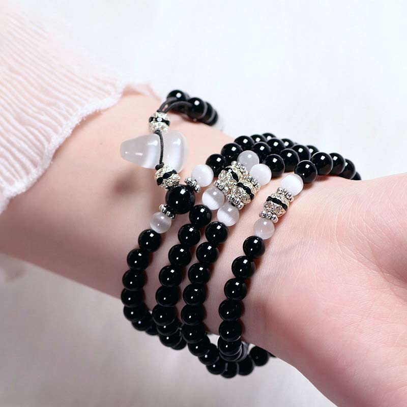 Buddha Stones Black Onyx White Crystal Bead Meditation Bracelet Bracelet BS 2