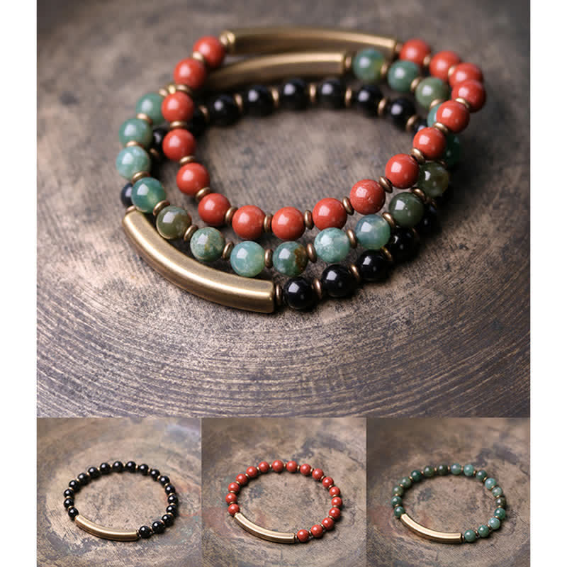 Buddha Stones Red Jasper Moss Agate Black Obsidian Crystal Copper Peace Couple Bracelet Bracelet BS 23