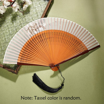 Buddha Stones Ancient Flowers Branches Handheld Bamboo Folding Fan 21cm Folding Fan BS Flower Orange Fan 21cm
