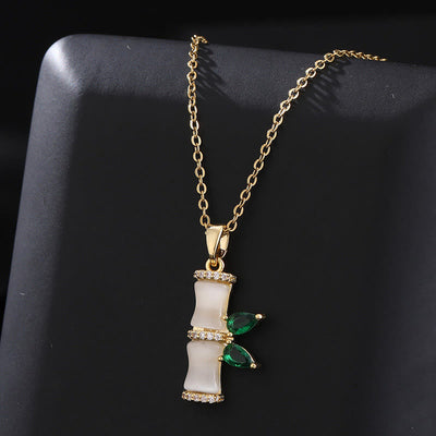 Buddha Stones 18K Gold Plated Chalcedony Bamboo Rhinestones Harmony Necklace Pendant Necklaces & Pendants BS 4
