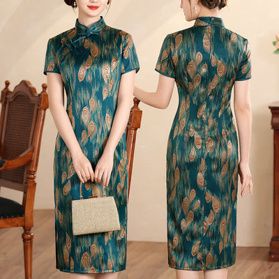 Buddha Stones Retro Flower Lotus Peony Feather Print Qipao Dress Women's Cheongsam Dress - Green Feather - US16，UK/AU20，EU48 (5XL) - image 19