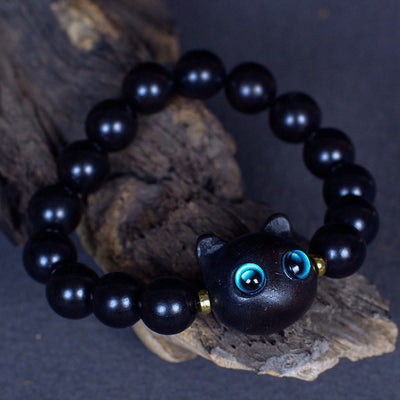 Buddha Stones Ebony Wood Liuli Glass Lovely Cat Peace Balance Bracelet Bracelet BS 13