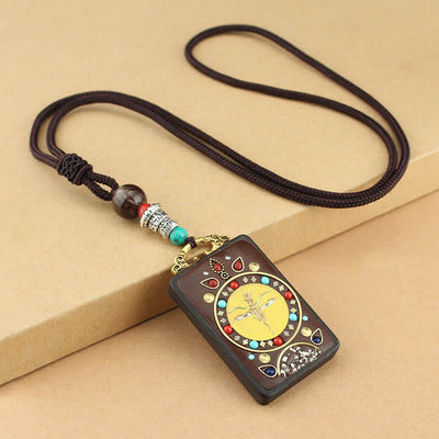 Buddha Stones Tibet God of Wealth Thangka Ebony Peace Necklace Pendant Necklaces & Pendants BS Yellow Thangka