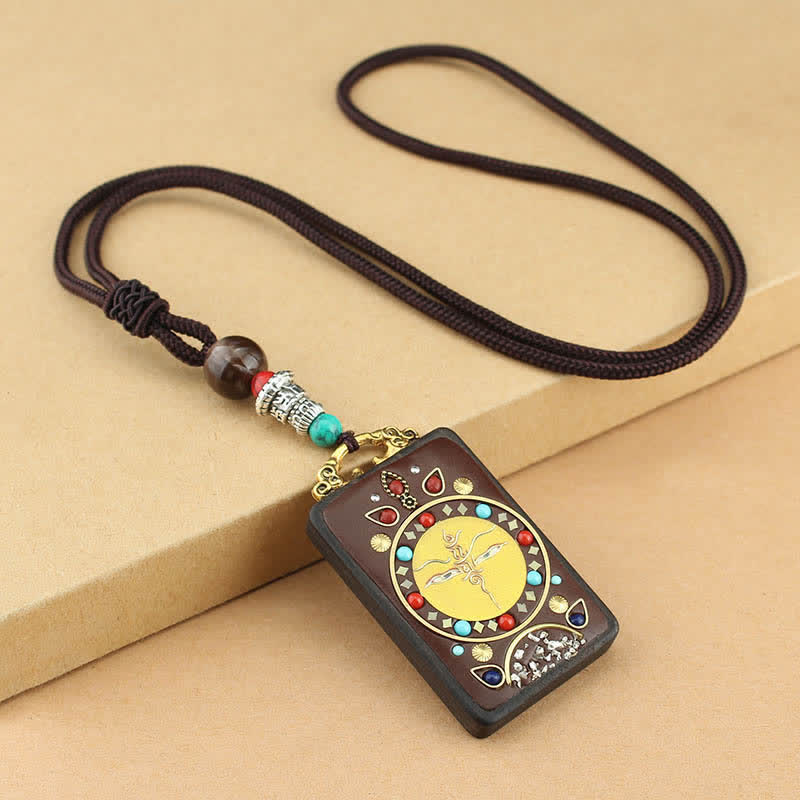Buddha Stones Tibet God of Wealth Thangka Ebony Peace Necklace Pendant Necklaces & Pendants BS Yellow Thangka