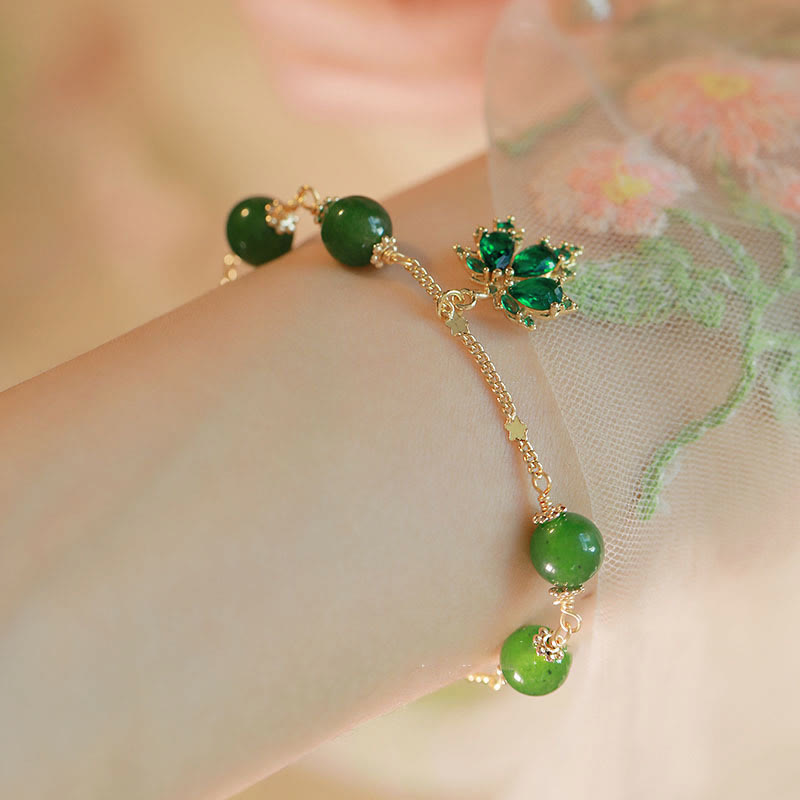 Buddha Stones 14k Gold Plated Green Chalcedony Maple Leaf Courage Strength Bracelet Bracelet BS 2