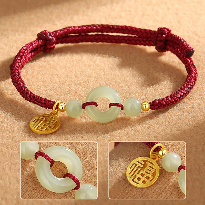 Buddha Stones 925 Sterling Silver Hetian Jade Peace Buckle Fu Character Charm Abundance Bracelet Bracelet BS 2