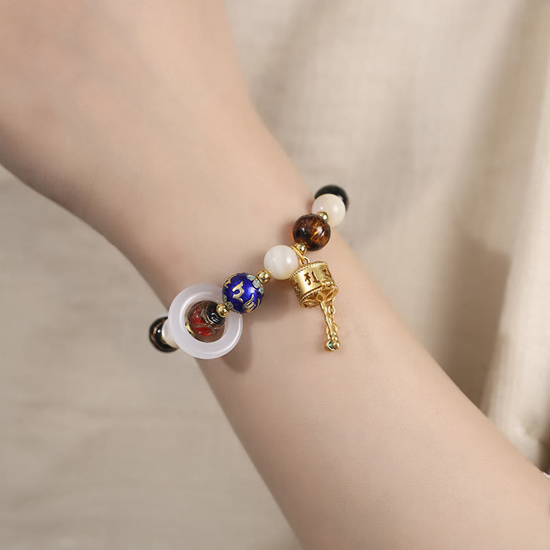 Buddha Stones Tibetan Incense Ash Liuli Glass Tridacna Stone Sun Stone Om Mani Padme Hum Prayer Wheel Charm Bracelet Bracelet BS 3