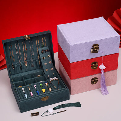 Buddha Stones Simple Design Jewelry Box Organizer Two-Layer Jewelry Storage Box Flannel Box With Lock - image 1