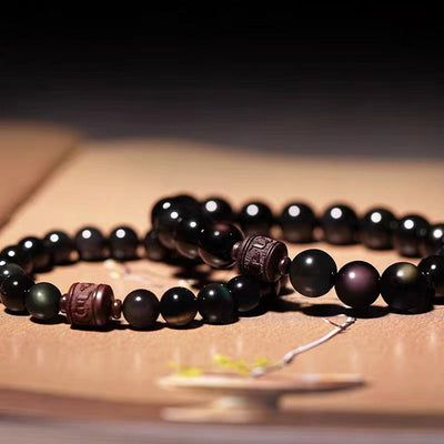 Buddha Stones Natural Gold Sheen Obsidian Rainbow Obsidian Om Mani Padme Hum Fu Character Healing Bracelet Bracelet BS 42