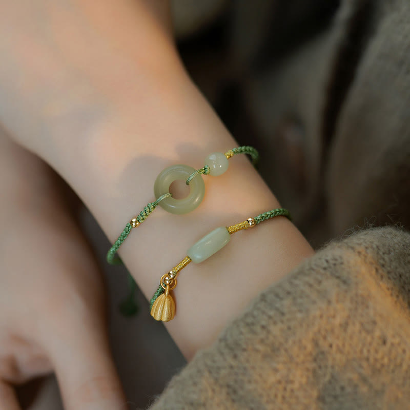 Buddha Stones Lotus Jade Peace Buckle Bead Luck Happiness Charm String Bracelet Bracelet BS 4
