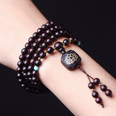 Buddha Stones 108 Mala Beads Tibetan Small Leaf Red Sandalwood Lotus Balance Bracelet Bracelet Mala BS 2