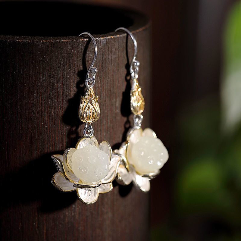 Buddha Stones White Jade Protection Harmony Drop Earrings Earrings BS 2