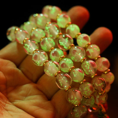 Buddha Stones Gold Swallowing Beast Family Charm Luminous Pink Love Heart Fluorescent Liuli Glass Bead Blessings Bracelet Bracelet BS 6