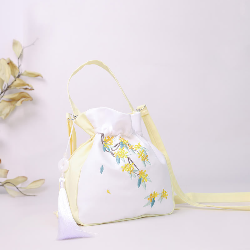 Buddha Stones Embroidered Osmanthus Peony Grape Cat Cotton Linen Tote Crossbody Bag Shoulder Bag Handbag Crossbody Bag BS 1