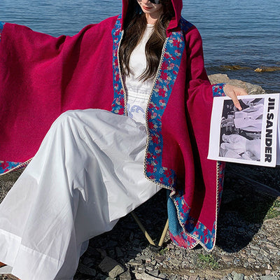 Buddha Stones Tibetan Shawl Border Small Floral Flower Hooded Cloak Winter Cozy Travel Scarf Wrap Tibetan Shawl BS 26
