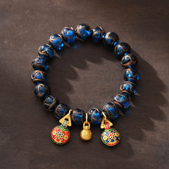 Buddha Stones Gold Swallowing Beast Luck Charm Blue Liuli Glass Bead Fortune Bracelet Bracelet BS 10mm(Wrist Circumference 14-16cm)