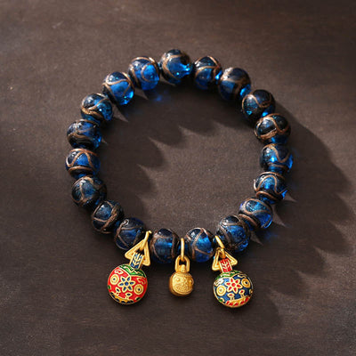 Buddha Stones Gold Swallowing Beast Luck Charm Blue Liuli Glass Bead Fortune Bracelet Bracelet BS 10mm(Wrist Circumference 14-16cm)