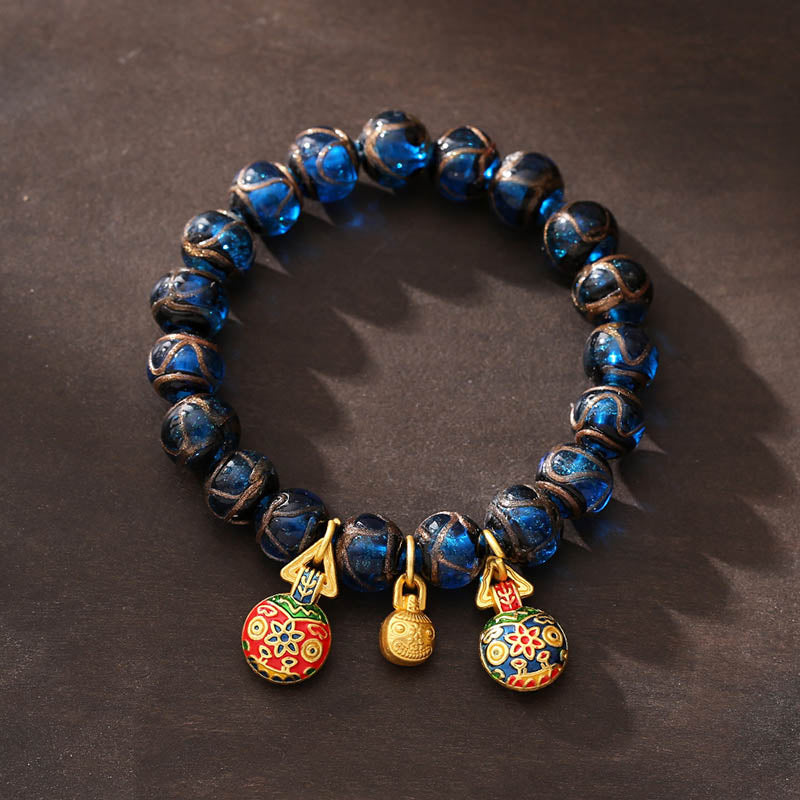 Buddha Stones Gold Swallowing Beast Luck Charm Blue Liuli Glass Bead Fortune Bracelet Bracelet BS 10mm(Wrist Circumference 14-16cm)