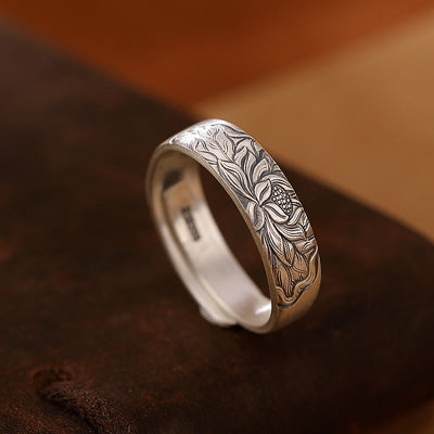 Foviel 999 Sterling Silver Lotus Flower Plum Blossom Auspicious Clouds Engraved Enlightenment Ring