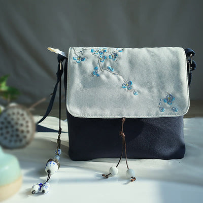 Buddha Stones Handmade Embroidered Plum Flowers Canvas Crossbody Bag Shoulder Bag Handbag Crossbody Bag BS Dark Blue Plum 17*19cm