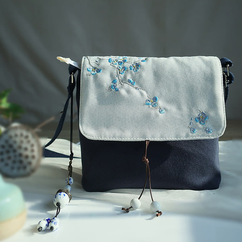 Buddha Stones Handmade Embroidered Plum Flowers Canvas Crossbody Bag Shoulder Bag Handbag Crossbody Bag BS Dark Blue Plum 17*19cm