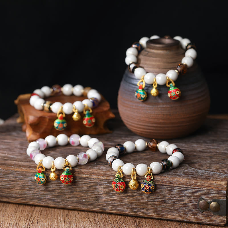 Buddha Stones Gold Swallowing Beast Family Charm Liuli Glass Colorful Porcelain Bead Luck Bracelet Bracelet BS 2
