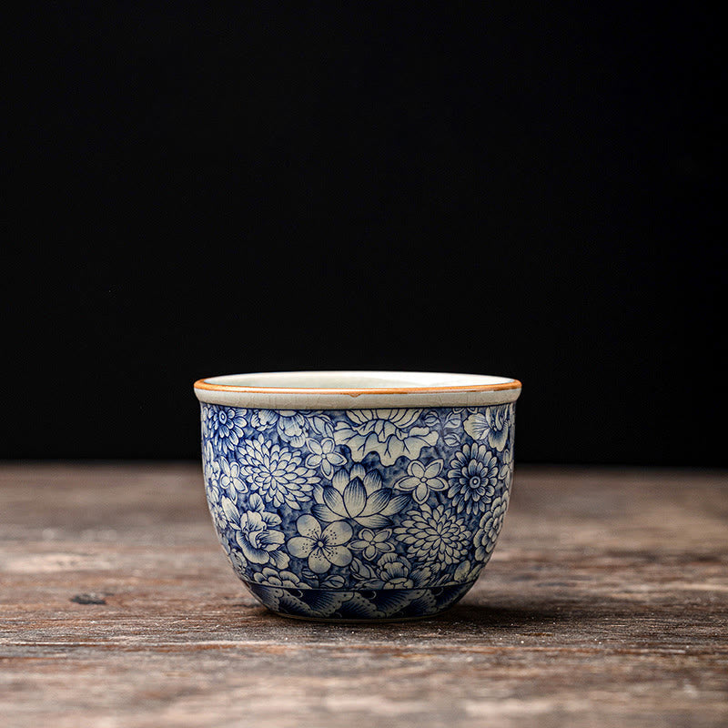 Buddha Stones Vintage Lotus Peony Plum Blossom Chrysanthemum Ceramic Teacup Tea Cups Cup BS 7.5cm*5cm*140ml