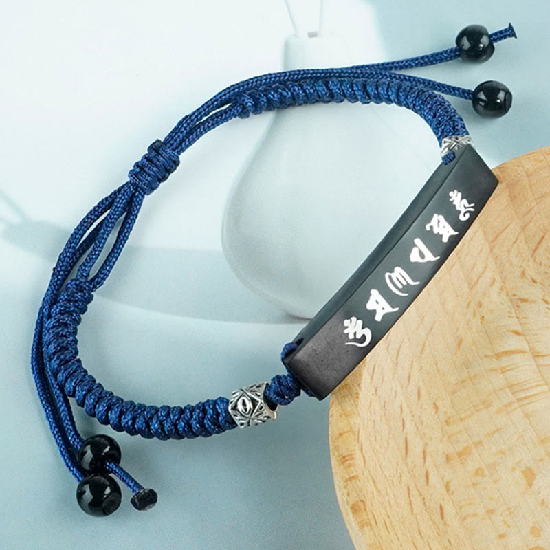 Buddha Stones Buddhism Six True Words Wood Ebony Wood Silver Inlaid Protection Bracelet Bracelet BS Ebony Wood Silver Inlaid Bracelet(Wrist Circumference: 14-19cm)