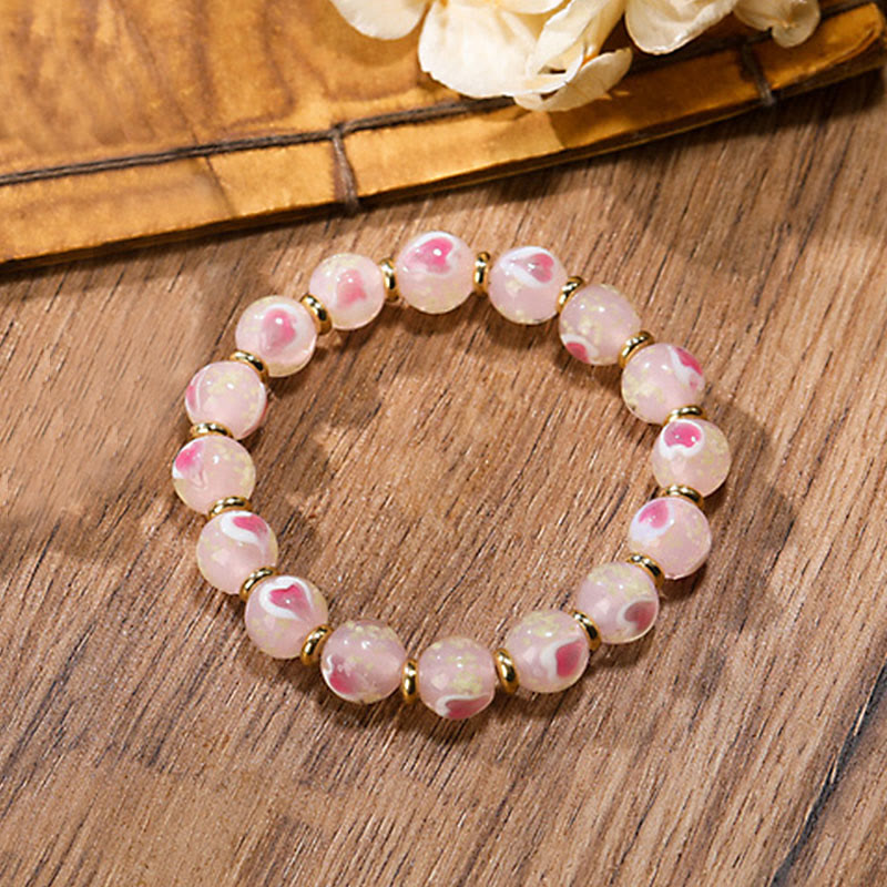 Buddha Stones Gold Swallowing Beast Family Charm Luminous Pink Love Heart Fluorescent Liuli Glass Bead Blessings Bracelet Bracelet BS Simple Version