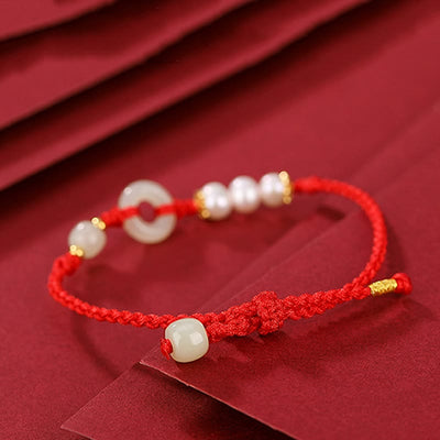 Buddha Stones 925 Sterling Silver Plated Gold Hetian Jade Peace Buckle Pearl Luck Bracelet Bracelet BS 3