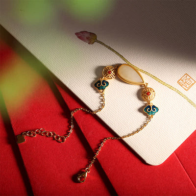 Buddha Stones 925 Sterling Silver Hetian White Jade Water Drop Chain Necklace Pendant Bracelet Bracelet Necklaces & Pendants BS 9