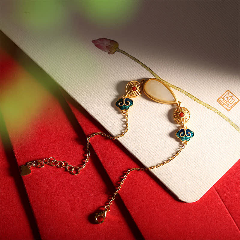 Buddha Stones 925 Sterling Silver Hetian White Jade Water Drop Chain Necklace Pendant Bracelet Bracelet Necklaces & Pendants BS 9