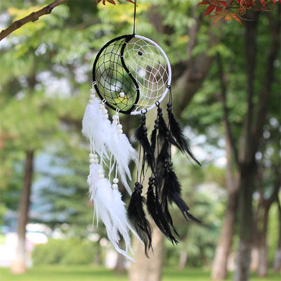 Buddha Stones Yin Yang  Dream Catcher Circular Net with Feathers Balance Decoration Decorations BS 1