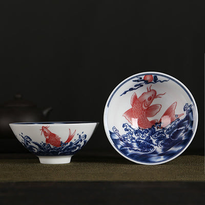 Buddha Stones Flowers Fu Character Mountains Lotus Cherry Blossoms Ceramic Teacup Kung Fu Tea Cup Cup BS Koi Fish 8.5cm*4cm*90ml