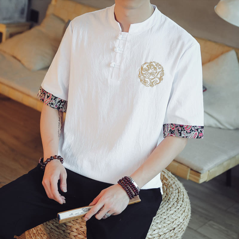Buddha Stones Frog-Button Dragon Embroidery Chinese Tang Suit Short Sleeve Shirt Linen Men Clothing Men's Shirts BS 24