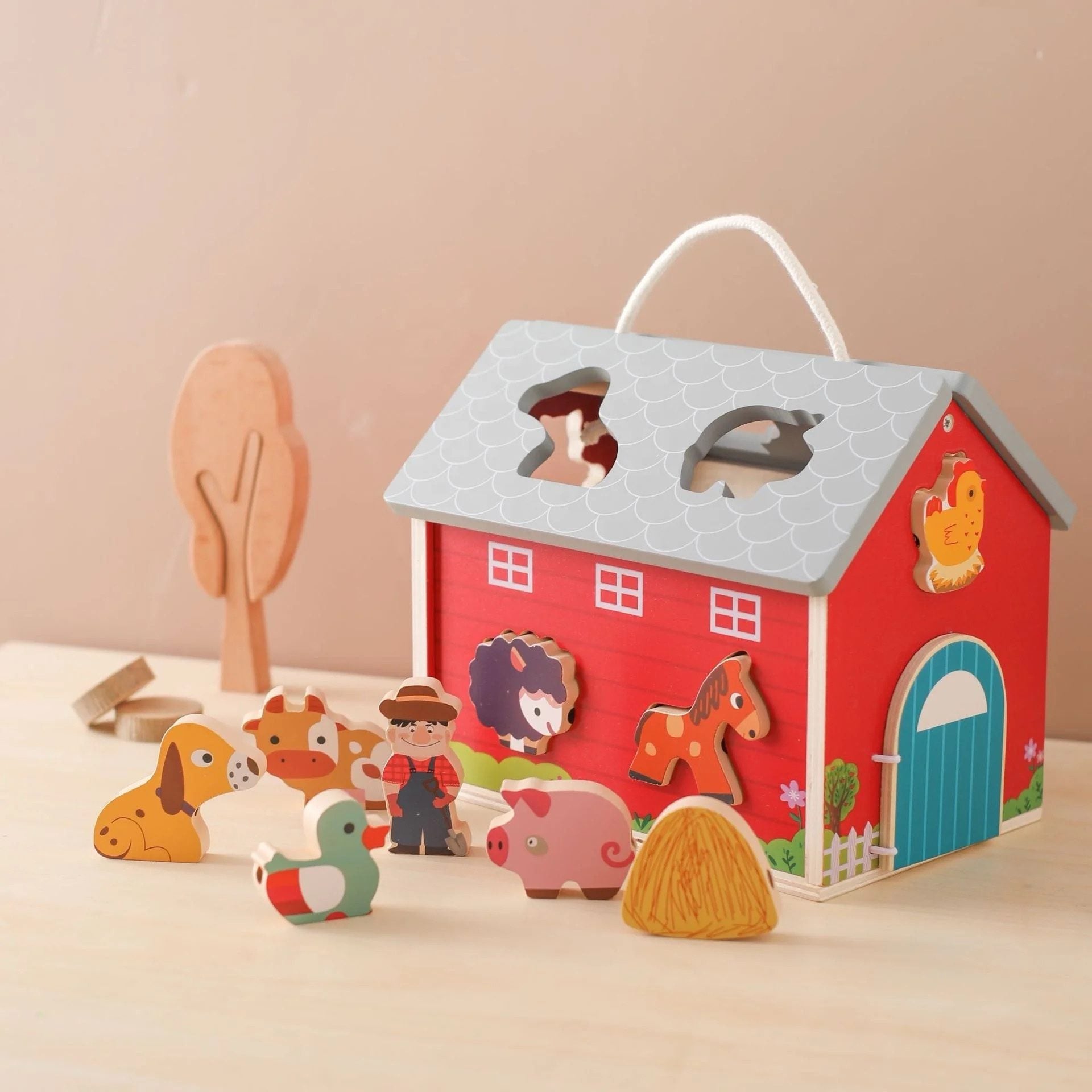 Wooden Farm Pretend Play Set – Barn, Animals and Tractor Toy with Lacing Activity for Toddlers