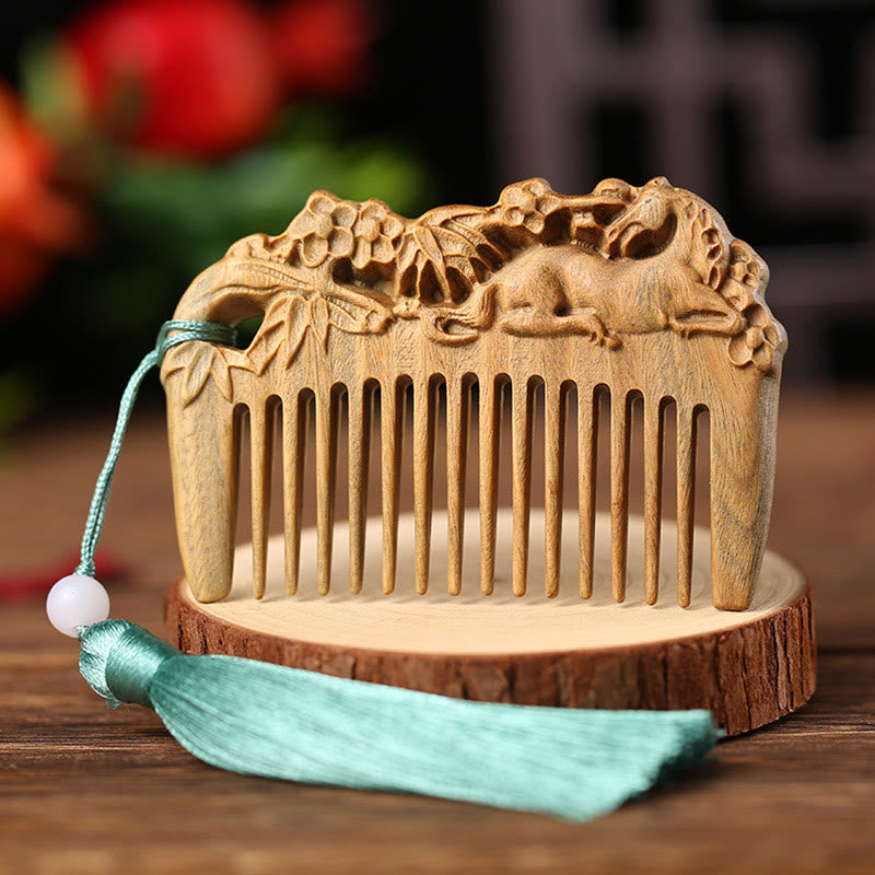 Buddha Stones Green Sandalwood Fox Peony Flower Lotus Engraved Cure Tassel Comb Comb BS Horse Green Sandalwood