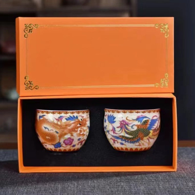 Buddha Stones 2Pcs Dragon Phoenix Ceramic Teacup Kung Fu Tea Cups Cup BS 2Pcs Dragon And Phoenix 7.6cm*5.3cm*150ml