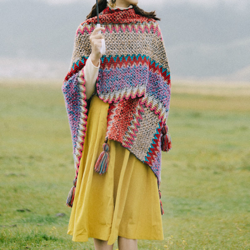 Buddha Stones Tibetan Shawl Knitting Warm Cloak Tibetan Tassel Scarf Tibetan Shawl BS 5