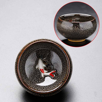 Buddha Stones Small Koi Fish Kiln Change Chinese Jianzhan Ceramic Teacup Kung Fu Tea Cup 60ml Jian Zhan Tea Cup BS Brown Gray Beige 6.6cm*4.2cm*60ml