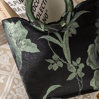 Buddha Stones Black Green Orchids Print Vintage Handbag Handbags BS 1