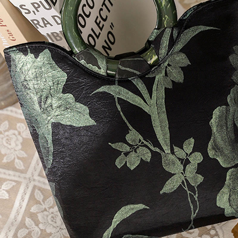 Buddha Stones Black Green Orchids Print Vintage Handbag Handbags BS 1