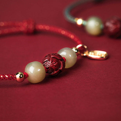 Buddha Stones 14K Gold Plated Hetian Jade Cinnabar Lotus Luck Handcrafted Rope Bracelet Bracelet BS 3