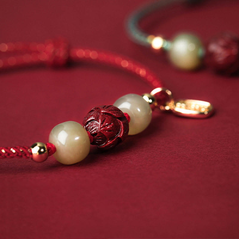 Buddha Stones 14K Gold Plated Hetian Jade Cinnabar Lotus Luck Handcrafted Rope Bracelet Bracelet BS 3
