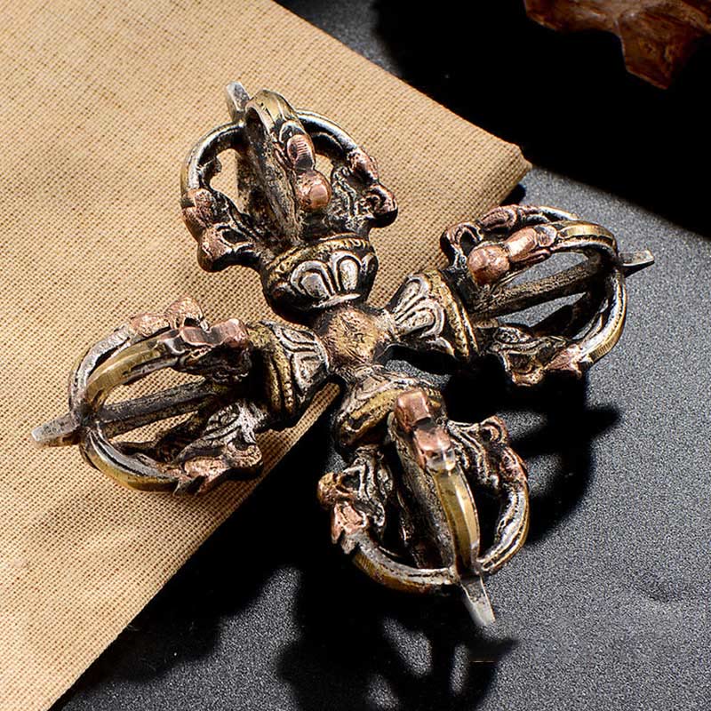 Buddha Stones Tibetan Handmade 5 Prong Double Dorje Copper Iron Thunderbolt Strength Vajra Double Dorje BS 10